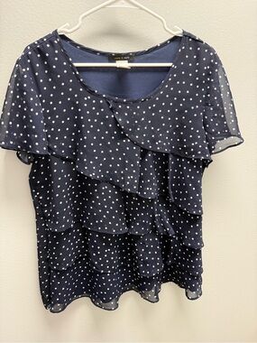 Jessica Navy and White Polka Dot Ruffle Blouse